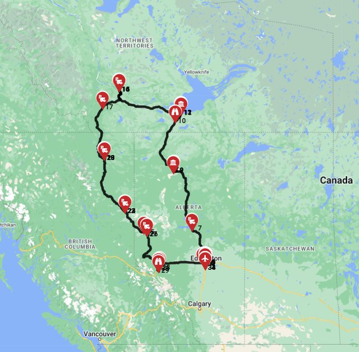 RV route planner a motorhome trip from Edmonton
